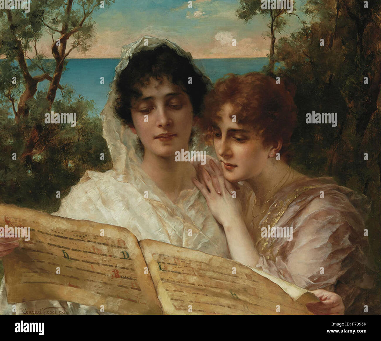 Anglais : Conrad Kiesel - jeunes femmes de la lecture d'un manuscrit. Huile sur toile 25 x 30 1/2 pouces 3/8 (64,7 x 77 cm) . Date inconnue 14 Conrad Kiesel - jeunes femmes de la lecture d'un manuscrit Banque D'Images