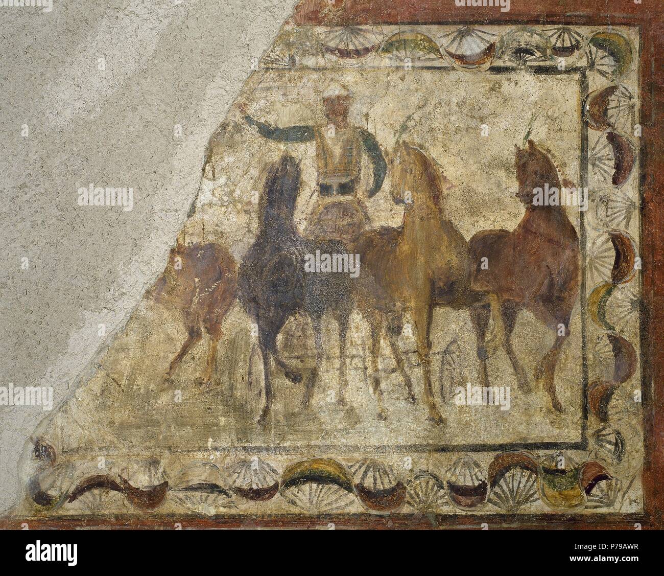 Auriga gagnant sur quadriga (char de quatre chevaux). La peinture romaine. Domus. 4ème C. Augusta Emerita (Mérida). Musée national d'art romain MÉRIDA. L'Espagne. Banque D'Images