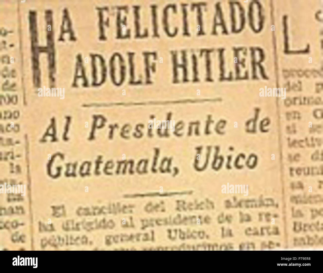 Español : Párrafo del Diario El Imparcial sobre la felicitación del Führer de Alemania al Presidente de Guatemala. 1932 . 19329 FelicitacionHitlerUbico Banque D'Images