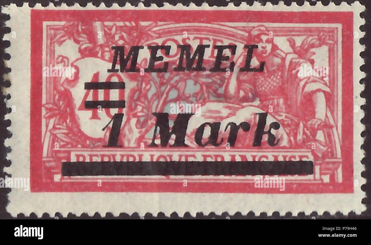 Cachet de Memel 1922 ; timbre de France de la 'question des sujets allégoriques (Type Merson)' avec cinq lignes de surimpression du noir, 'MEMEL / fest / coupé / 1 Point / fess' ; 'MEMEL' et ' 1 Mark" en italique les caractères latins avec serifes ; ancienne monnaie valeur double fessed ; vieux inscription 'République Française' single-fessed Stamp : Michel n° 64 ( = Michel France No 96x (1900) avec la surimpression) ; Yvert & Tellier : n° 57 (KL) ; AFA : n° 64 (KL) Couleur : rouge avec fond bleu clair (centre) Filigrane : aucune valeur nominale : 1 point sur 40 centimes Envoi Validité : à partir de décembre 1922 jusqu'au 31 mars 1923 . Banque D'Images