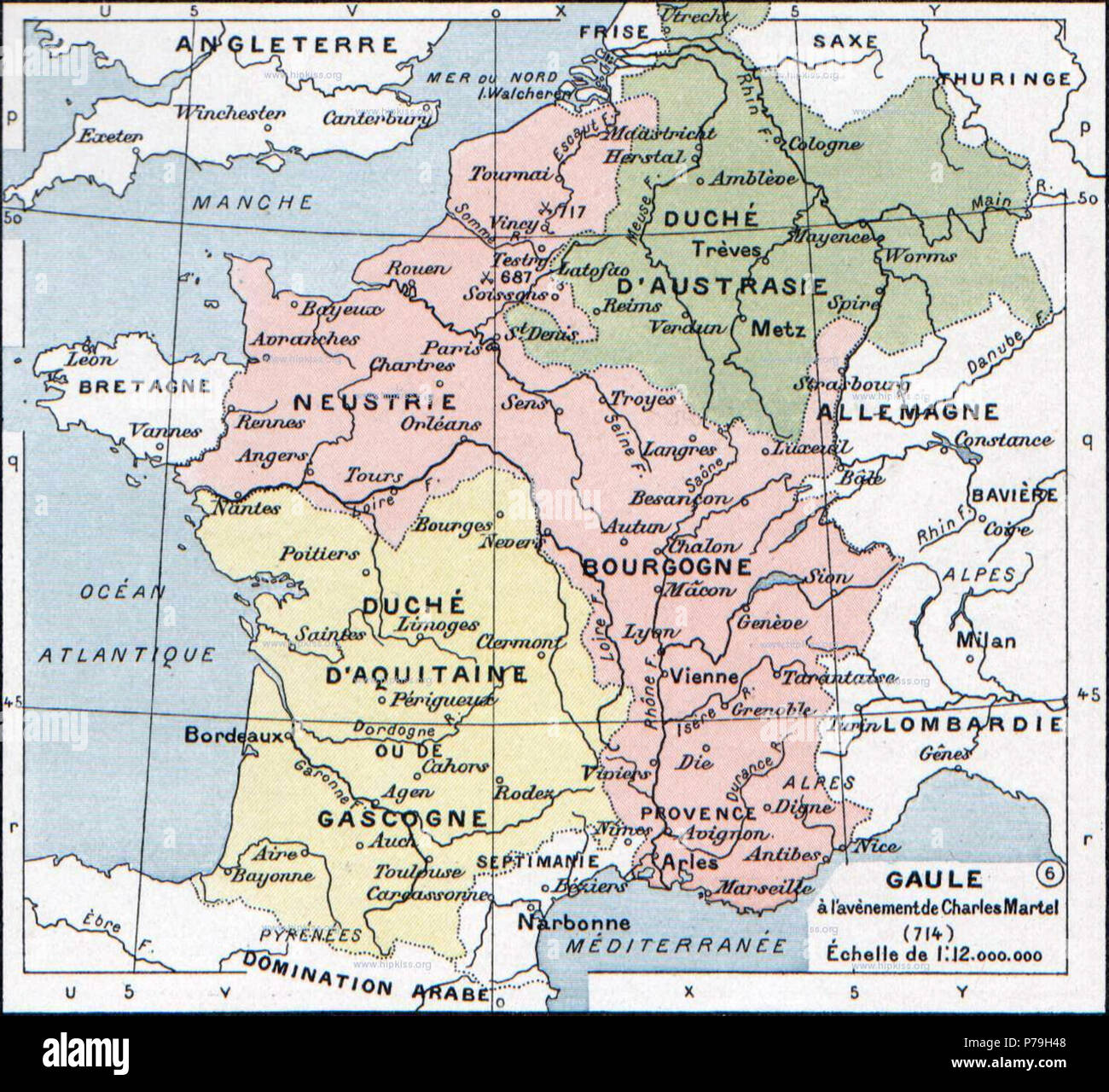 Anglais : Il s'agit d'une couleur et d'une culture équilibrée scan d'une carte de Paul Vidal de La Blache Atlas général d'histoire et de géographie (1912). English : Gaule à l'avènement de Charles Martel (714). Paul Vidal de La Blache, Atlas général d'histoire et de géographie (1912). 1912 20 Francia a la mort de Pépin d'Heristal, 714 Banque D'Images