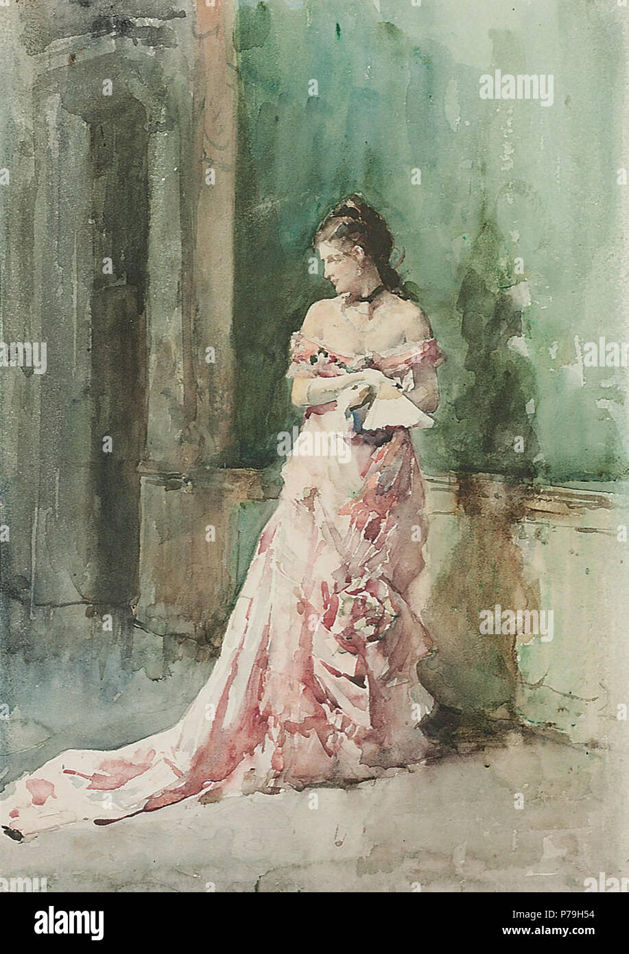 . Portrait d'une femme, pleine longueur, dans une robe du soir, tenant un ventilateur date inconnue 21 Francisco Pradilla y Ortiz - Retrato de una dama Banque D'Images