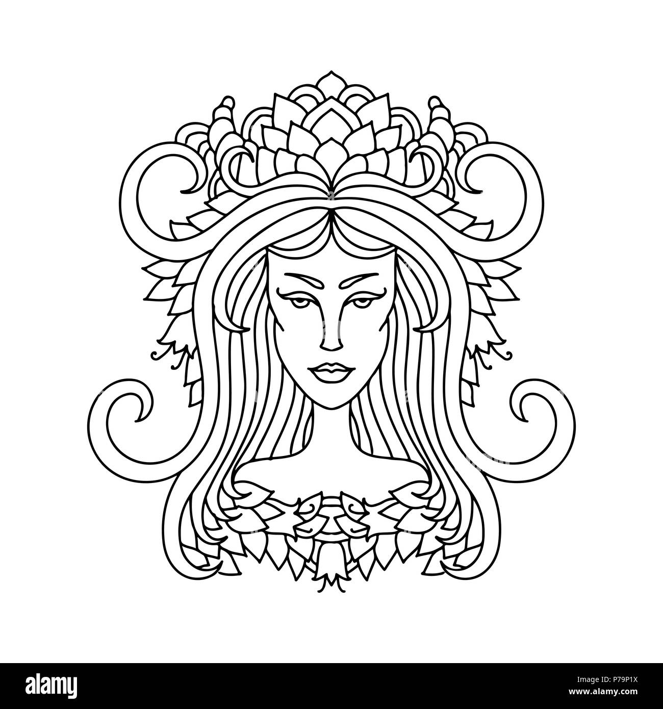 Fille bélier portrait. Le signe de zodiaque pour des profils à colorier. Simple noir et blanc illustration vectorielle. Illustration de Vecteur