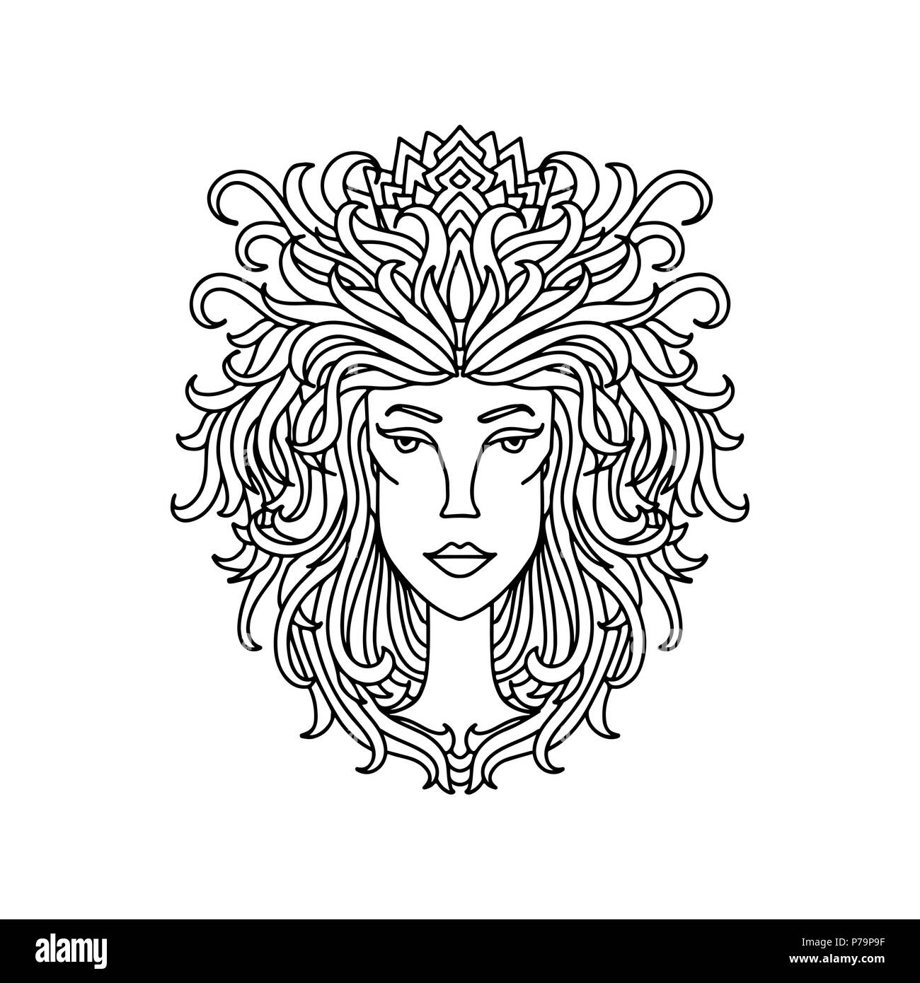 Leo girl portrait. Le signe de zodiaque pour des profils à colorier. Simple noir et blanc illustration vectorielle. Illustration de Vecteur
