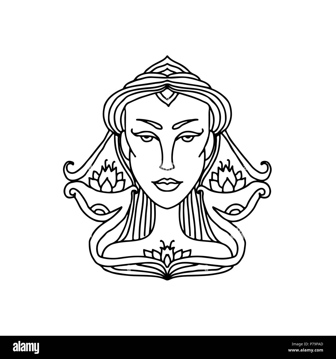 Girl portrait de la balance. Le signe de zodiaque pour des profils à colorier. Simple noir et blanc illustration vectorielle. Illustration de Vecteur