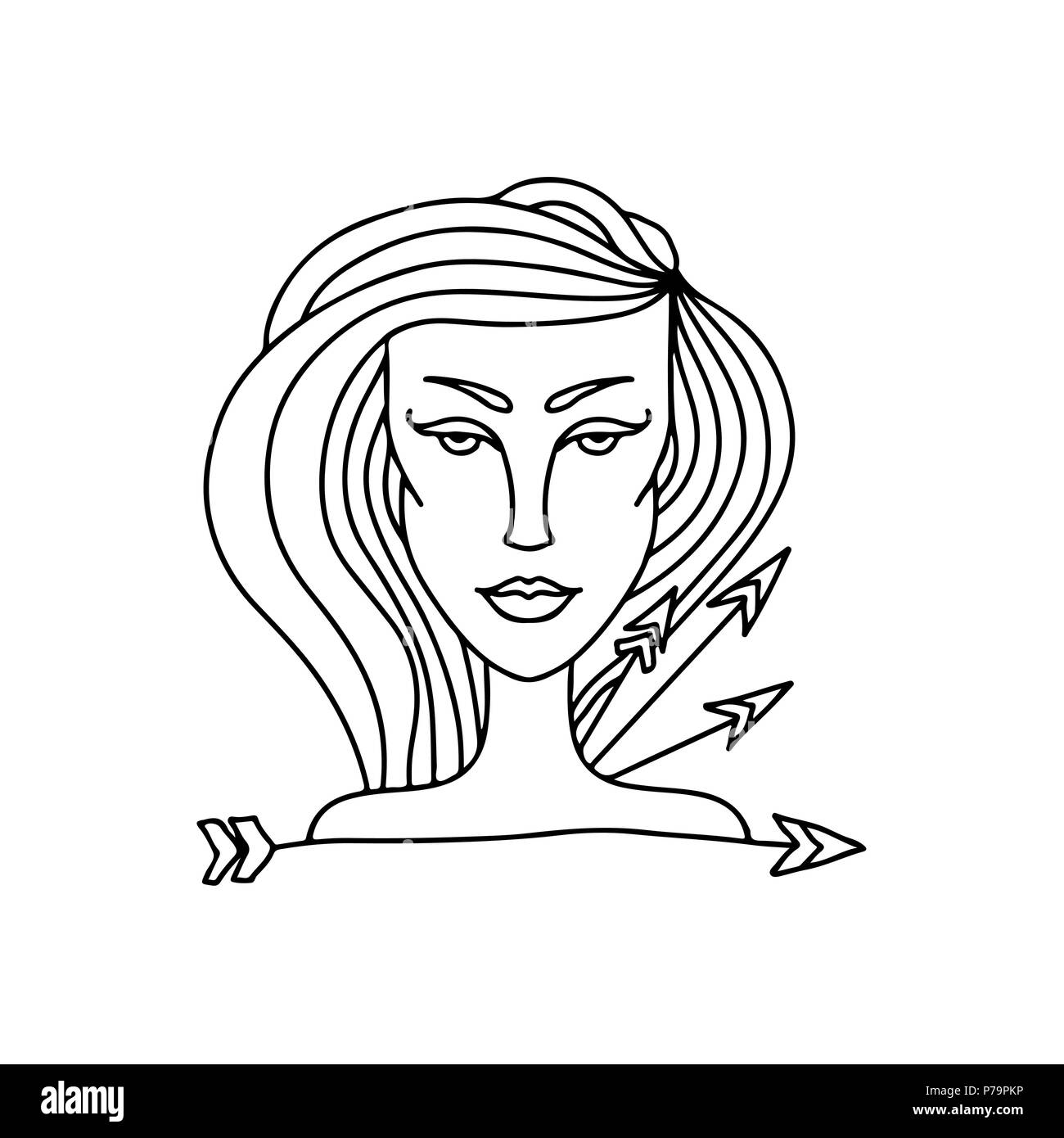 Girl portrait Sagittaire. Le signe de zodiaque pour des profils à colorier. Simple noir et blanc illustration vectorielle. Illustration de Vecteur