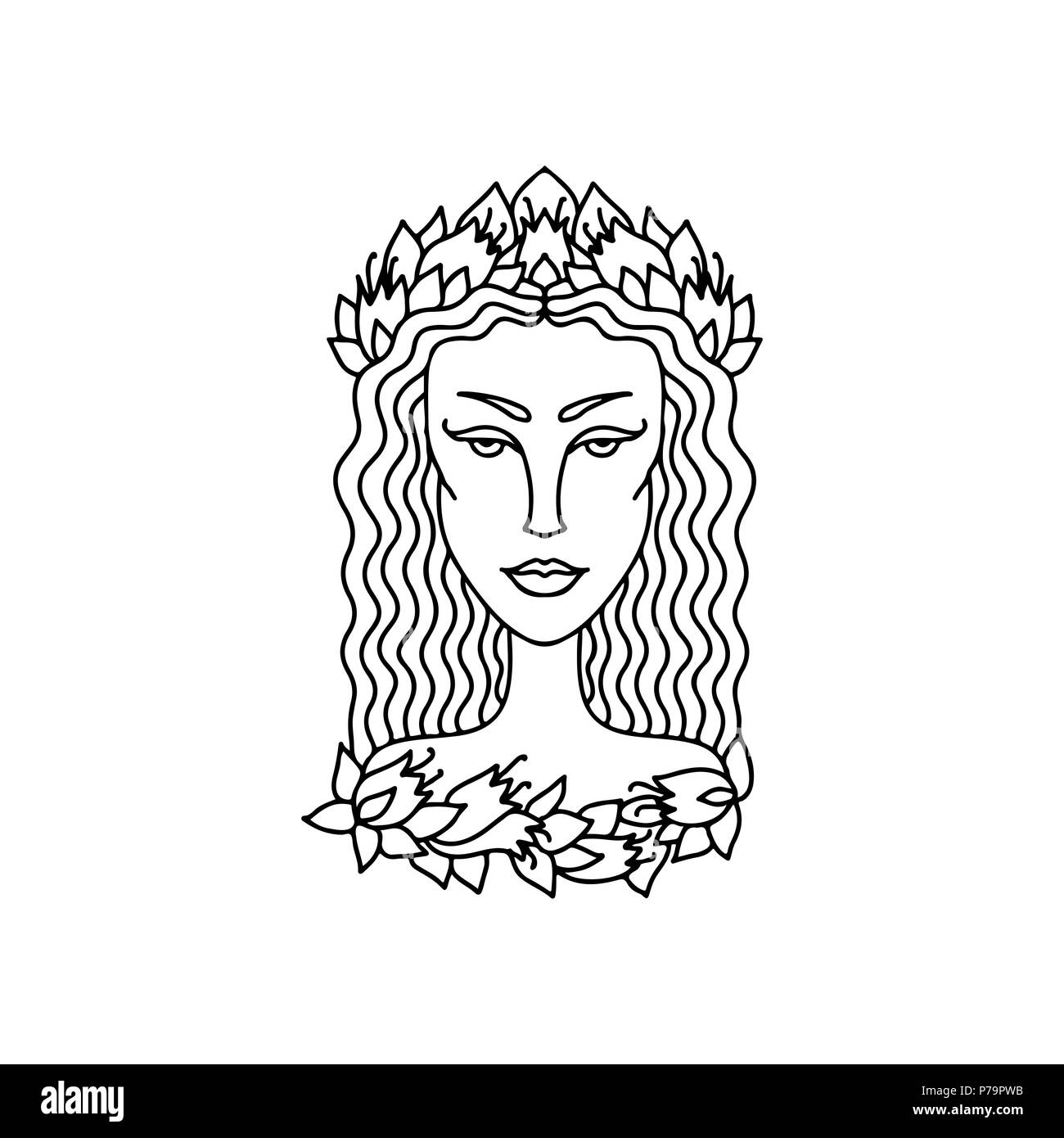 Girl portrait vierge. Le signe de zodiaque pour des profils à colorier. Simple noir et blanc illustration vectorielle. Illustration de Vecteur