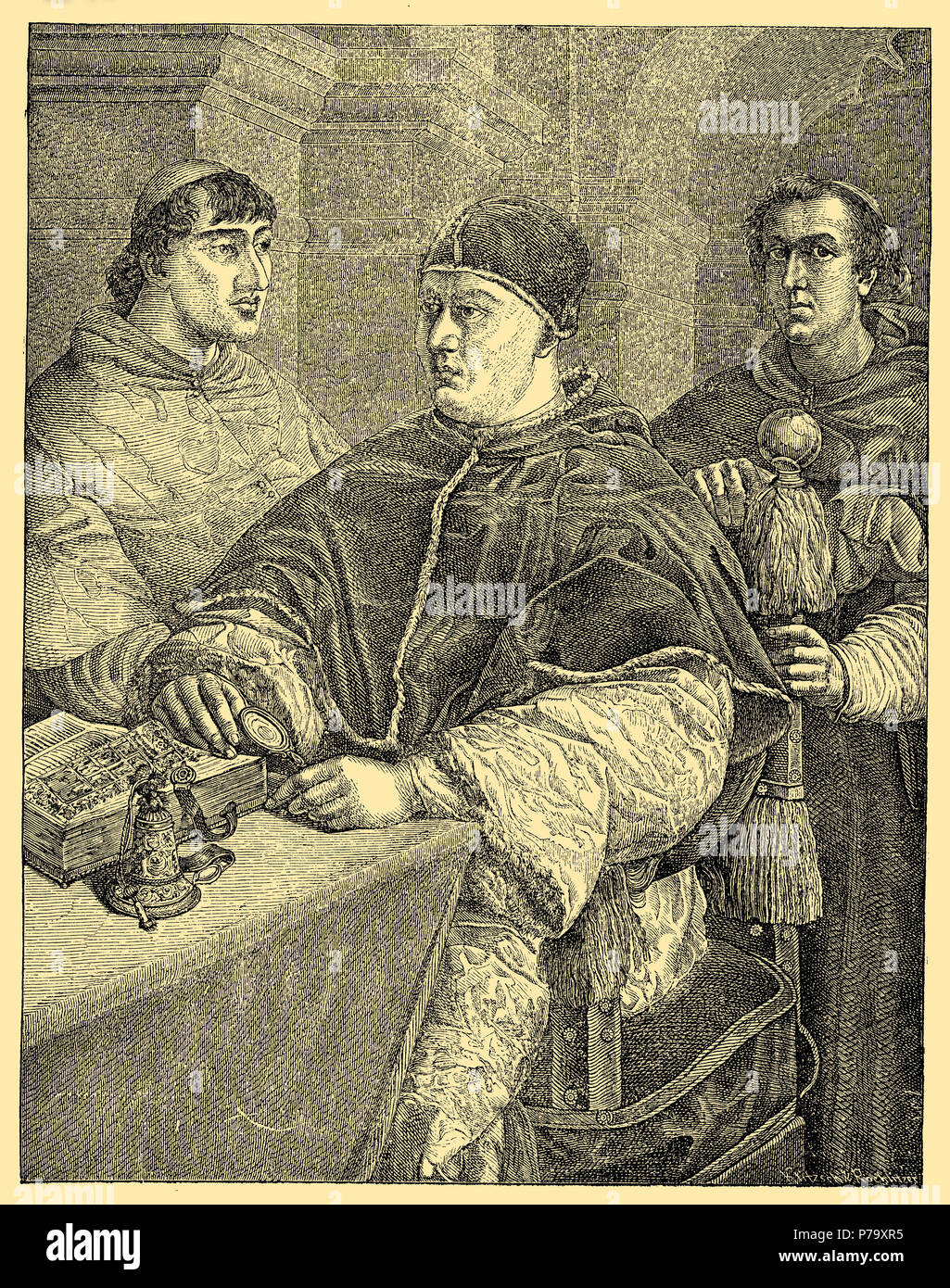 Le pape Léon X (1513-1521) avec deux cardinaux. Après la peinture à l'huile par Raphaël Sanzio, Raffael 1881 Banque D'Images