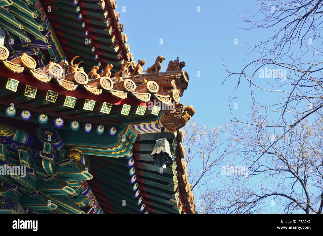 Détail du toit du pavillon chinois à Pékin, Temple de Yonghe Banque D'Images