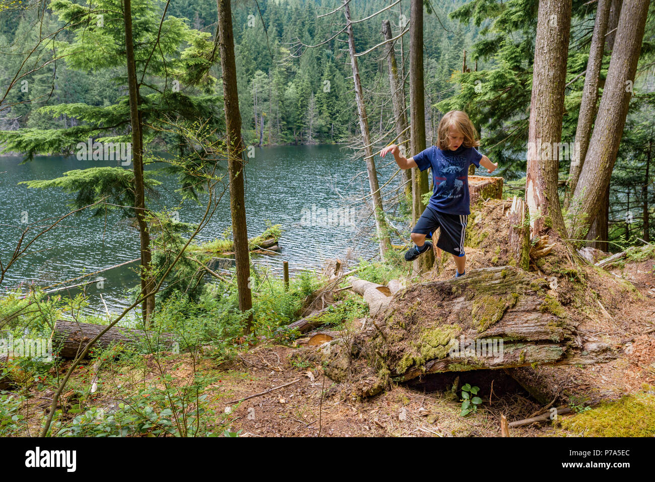 Jeune garçon jouer, sauter au journal, Buntzen Lake Recreation Area, près de Anmore, British Columbia, Canada Banque D'Images