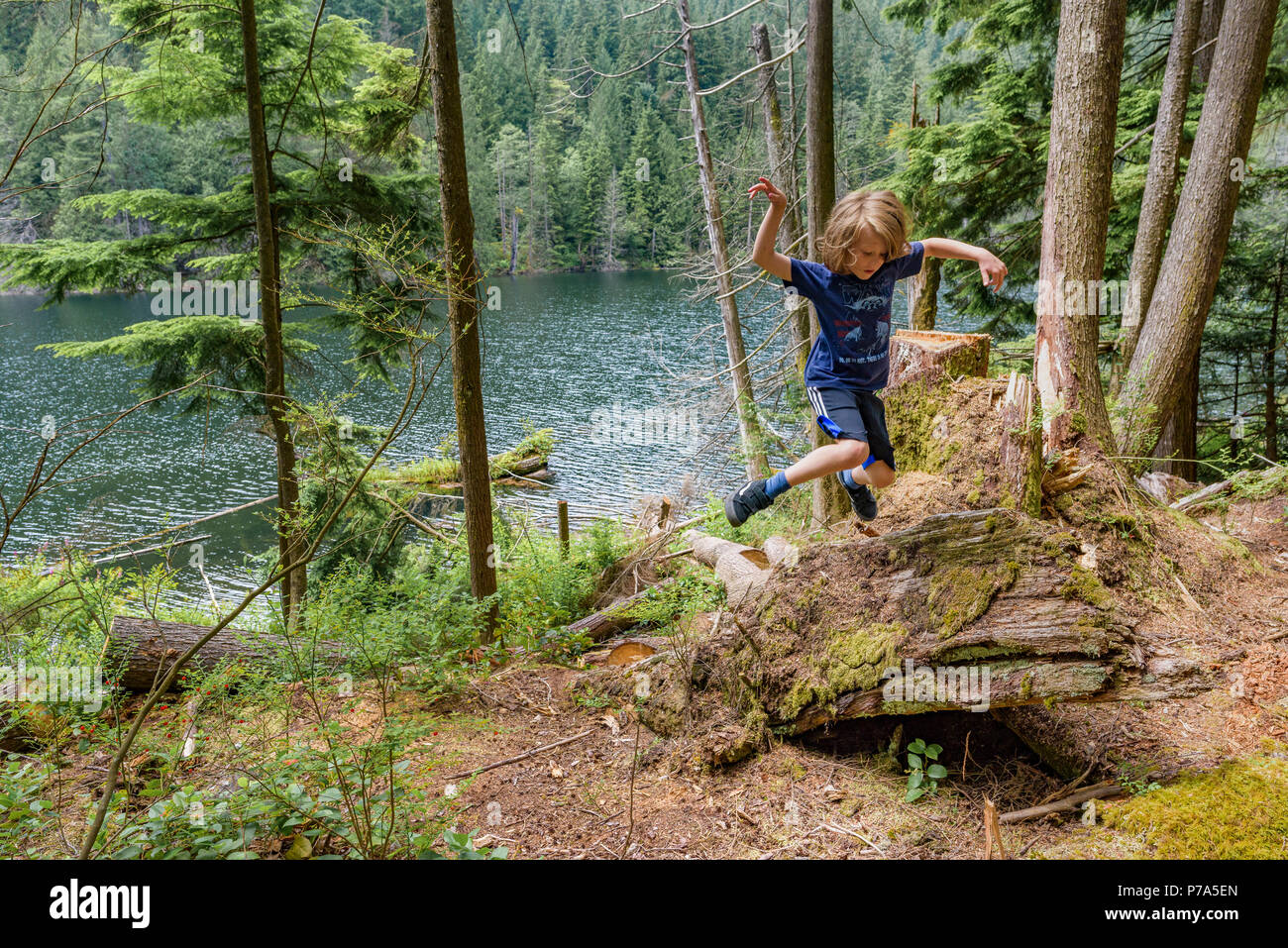 Jeune garçon jouer, sauter au journal, Buntzen Lake Recreation Area, près de Anmore, British Columbia, Canada Banque D'Images