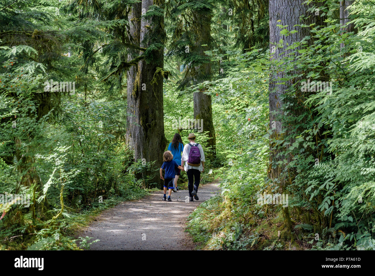 Mère et fils sur le sentier, Buntzen Lake Recreation Area, près de Anmore, British Columbia, Canada Banque D'Images