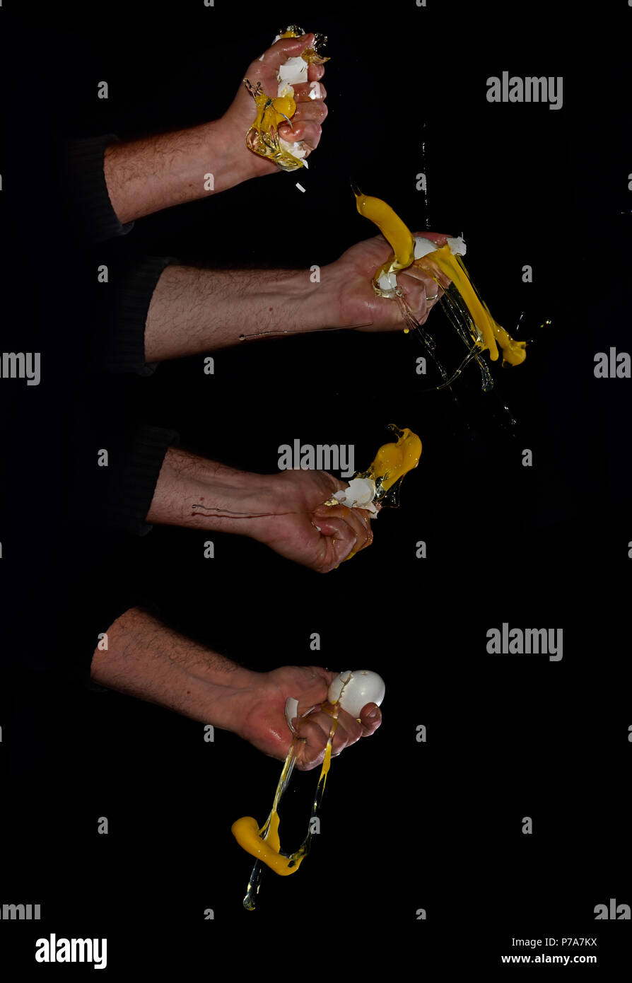 Les oeufs de fissuration en studio sur un fond noir pour consulter les détails de l'explossion et le jaune et le blanc d'oeuf. Banque D'Images