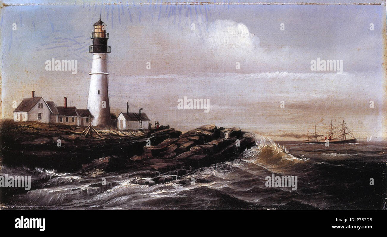 English : 'phare de Portland (Maine),' par William Aiken Walker, huile sur carton. . Vers 1870-1890 64 Phare Portland Maine William Aiken Walker Banque D'Images