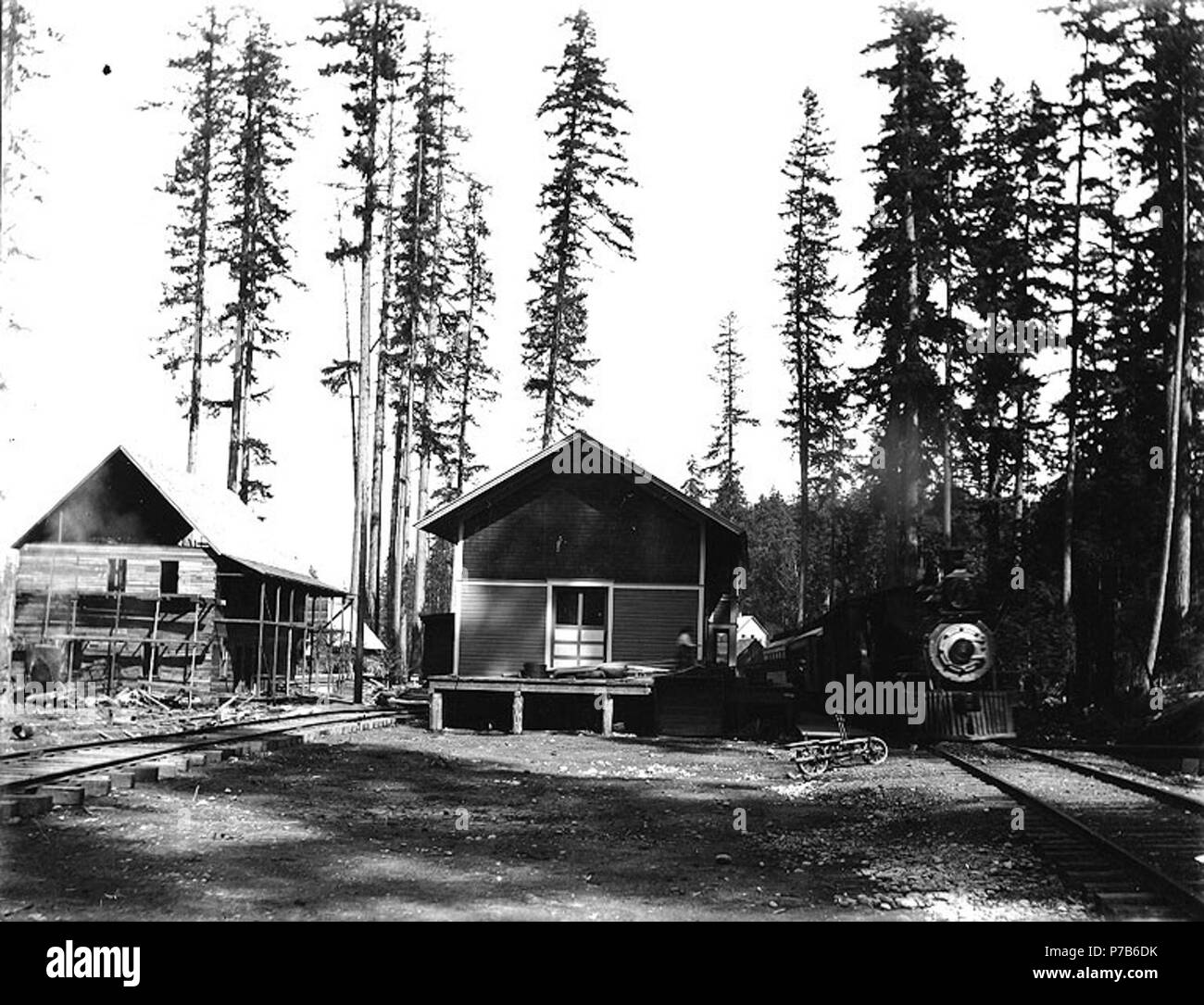 . Anglais : Gare possiblement sur Tacoma Eastern Railroad, Washington . Anglais : Sur le manchon de négatif : Locomotives dans Nouvelle station Sujets (LCTGM) : stations de chemin de fer--Washington (État) ; des voies de chemin de fer--Washington (État) locomotives ;--Washington (État) Sujets (LCSH) : Tacoma Eastern Railroad . vers 1910 77 Gare possiblement sur Tacoma Eastern Railroad, Washington (138 bar) Banque D'Images