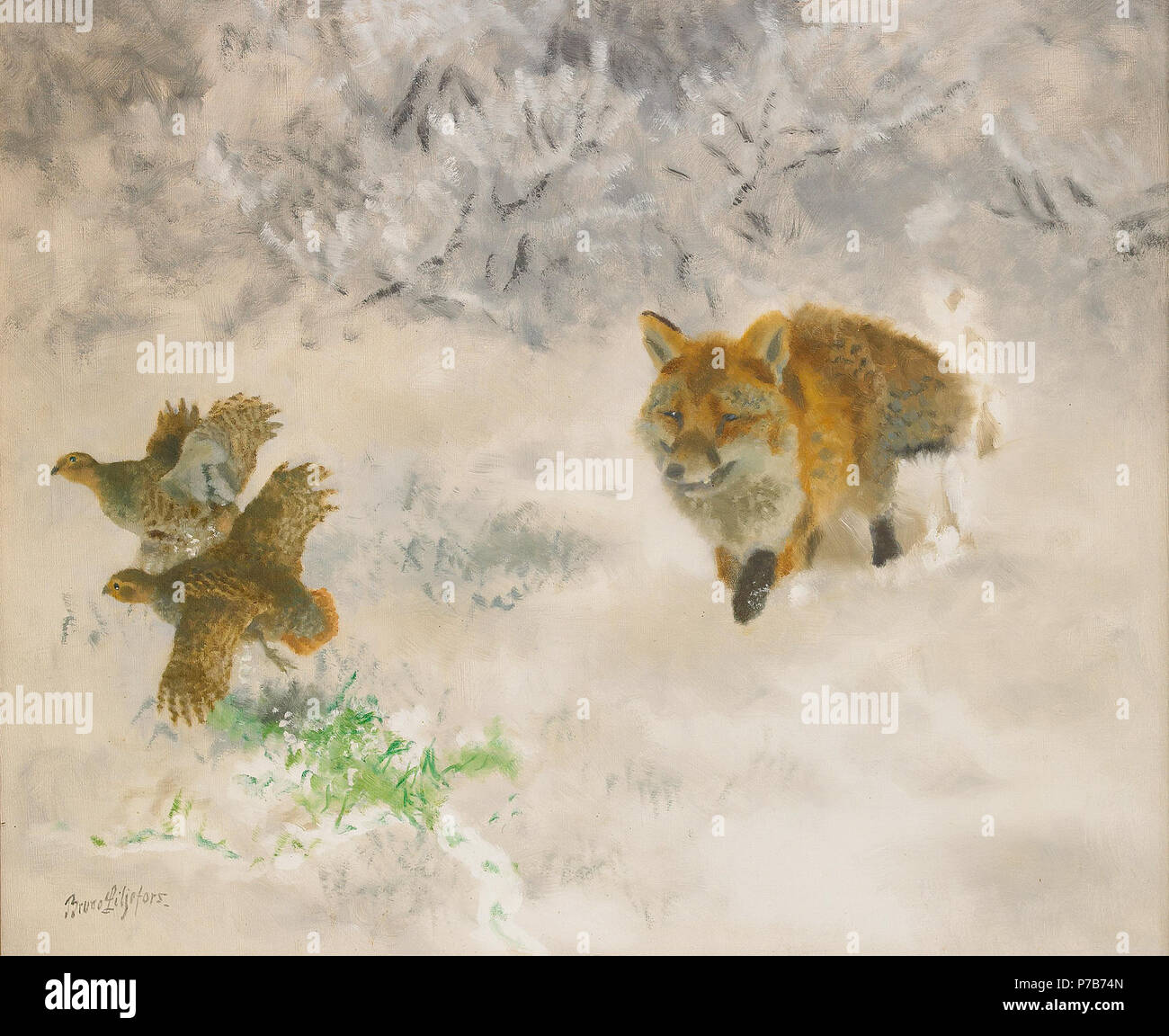 . Anglais : la chasse au renard Tétras-poules dans paysage d'hiver Svenska : Räv jagar orrhönor j'vinterlandskap N/A 6 Bruno Liljefors - la chasse au renard Tétras-poules dans paysage d'hiver Banque D'Images