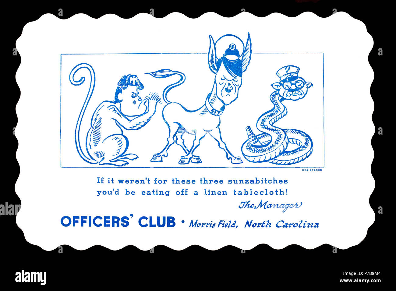 1940 La Seconde Guerre mondiale place restaurant papier mat avec cartoon dessins de Benito Mussolini, Adolf Hitler, et Hideki Tōjō indiquant, "si ce n'était pas de la Banque D'Images