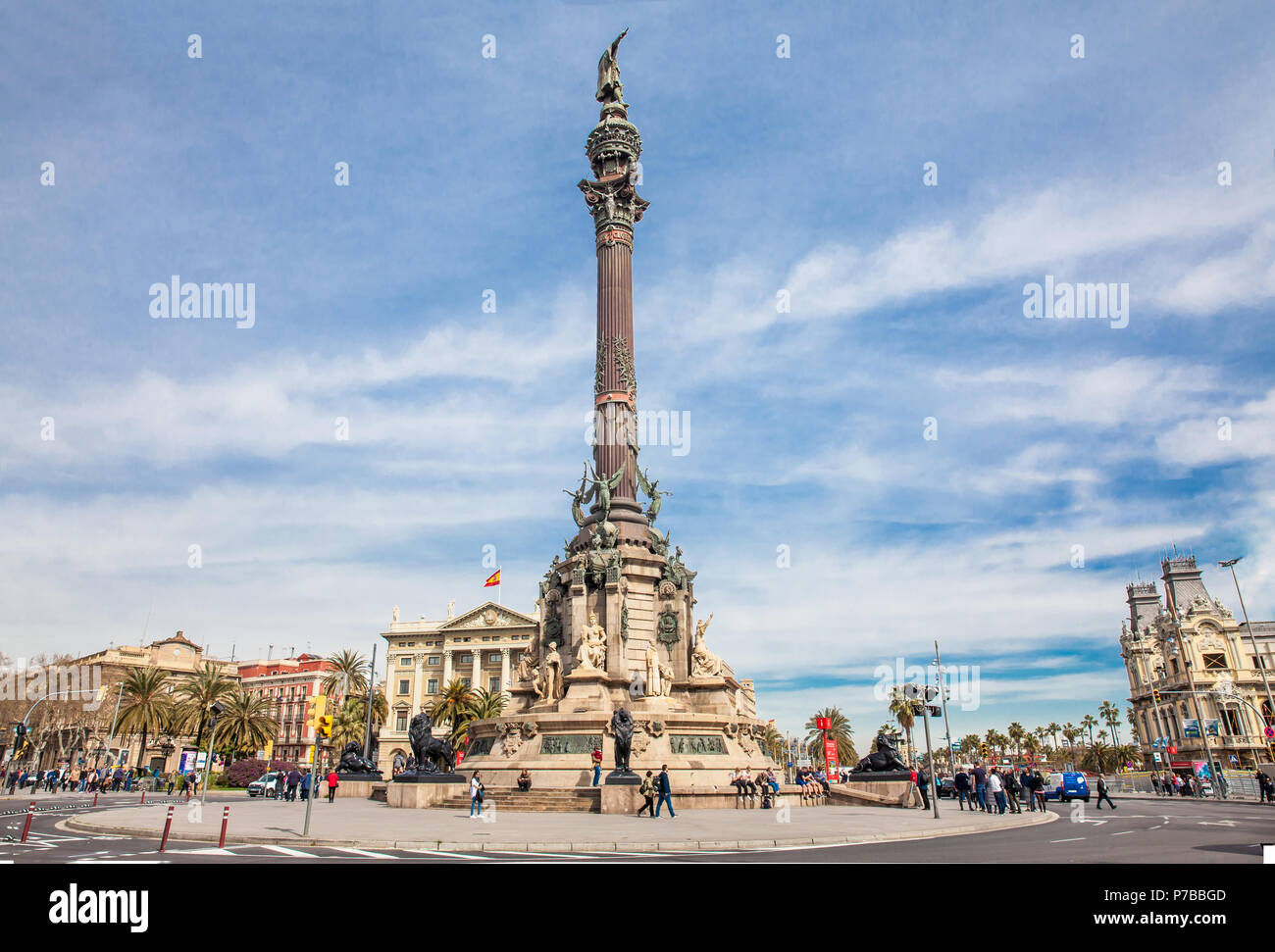 Barcelone - mars, 2018 : Monument à Christophe Colomb à l'extrémité inférieure de La Rambla à Barcelone Espagne Banque D'Images