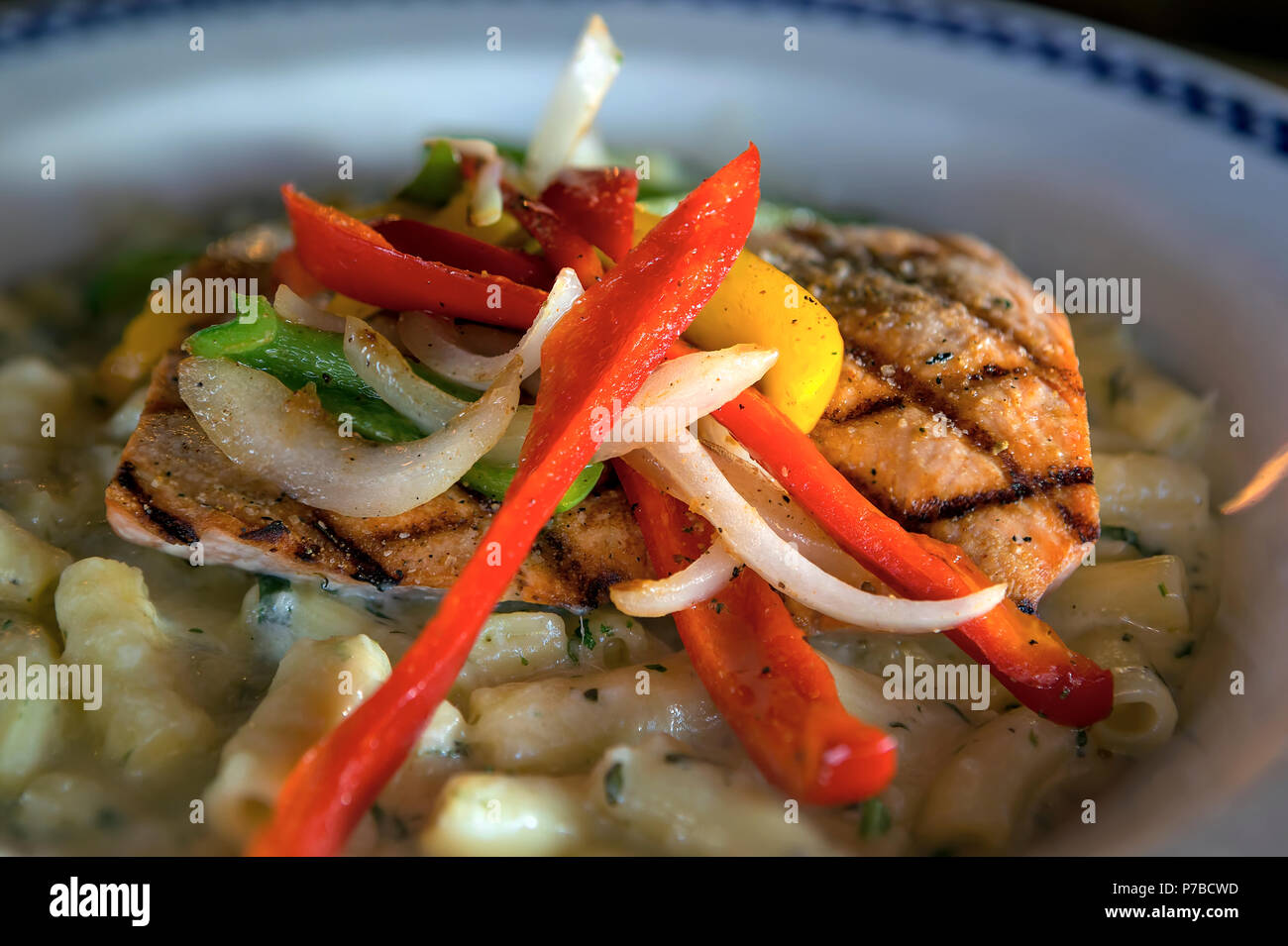 Saumon de l'Alaska sauvage grillé avec oignons poivrons crémeux au alfredo penne pasta dinner plate libre Banque D'Images