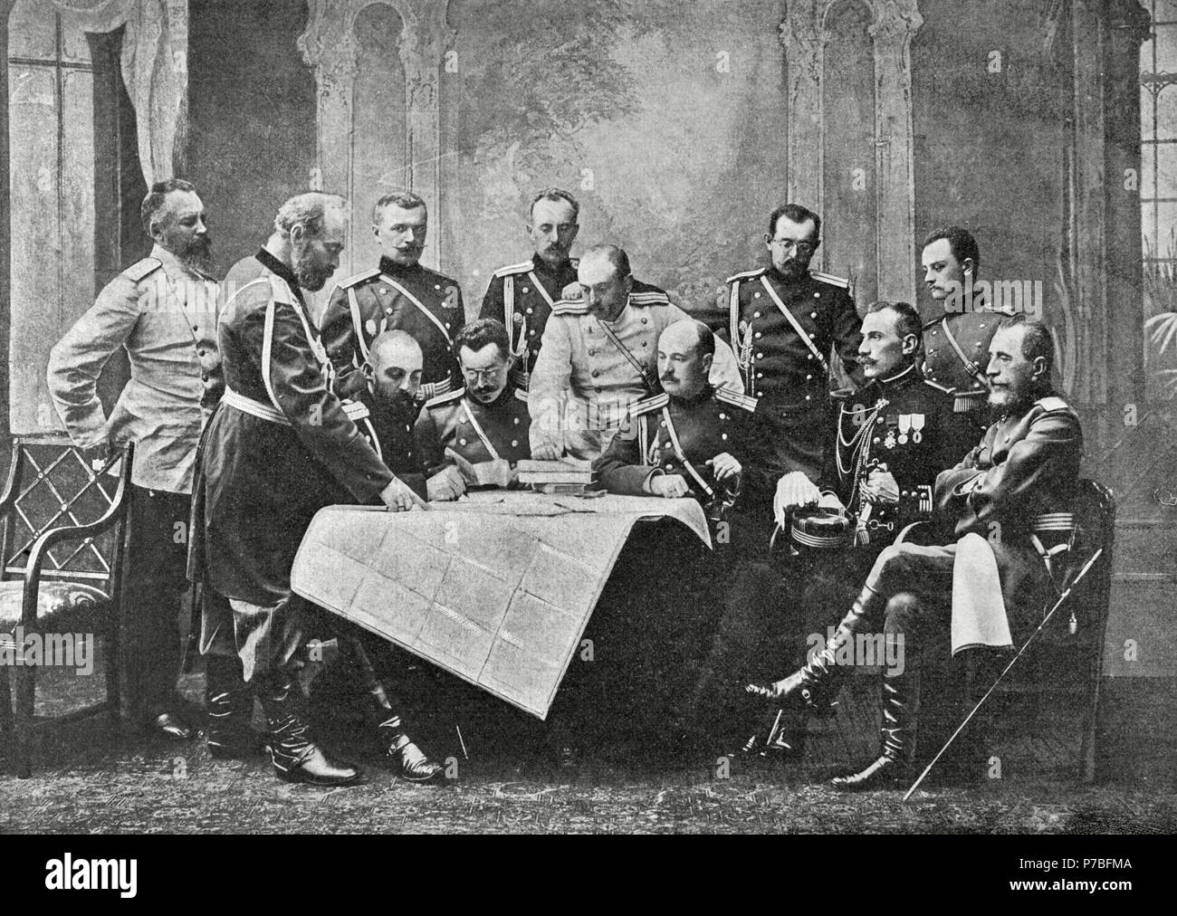 Guerre russo-japonaise (1904-1905). Le Japon est entré en guerre avec la Russie afin d'assurer l'intérêt en Corée du Sud et la Mandchourie. Conseil d'État Major russe à Kharbin. L'illustration artistique. Banque D'Images