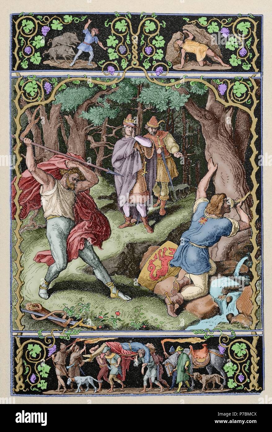 Des Nibelungen. 13e siècle. Poème épique allemand anonyme basé sur les légendes de Siegfried et le peuple de la Nibelungs. Première partie. Chant XVI. Tué par Siegfried Hagen tandis que la chasse. Gravure, 19ème siècle. De couleur. Banque D'Images