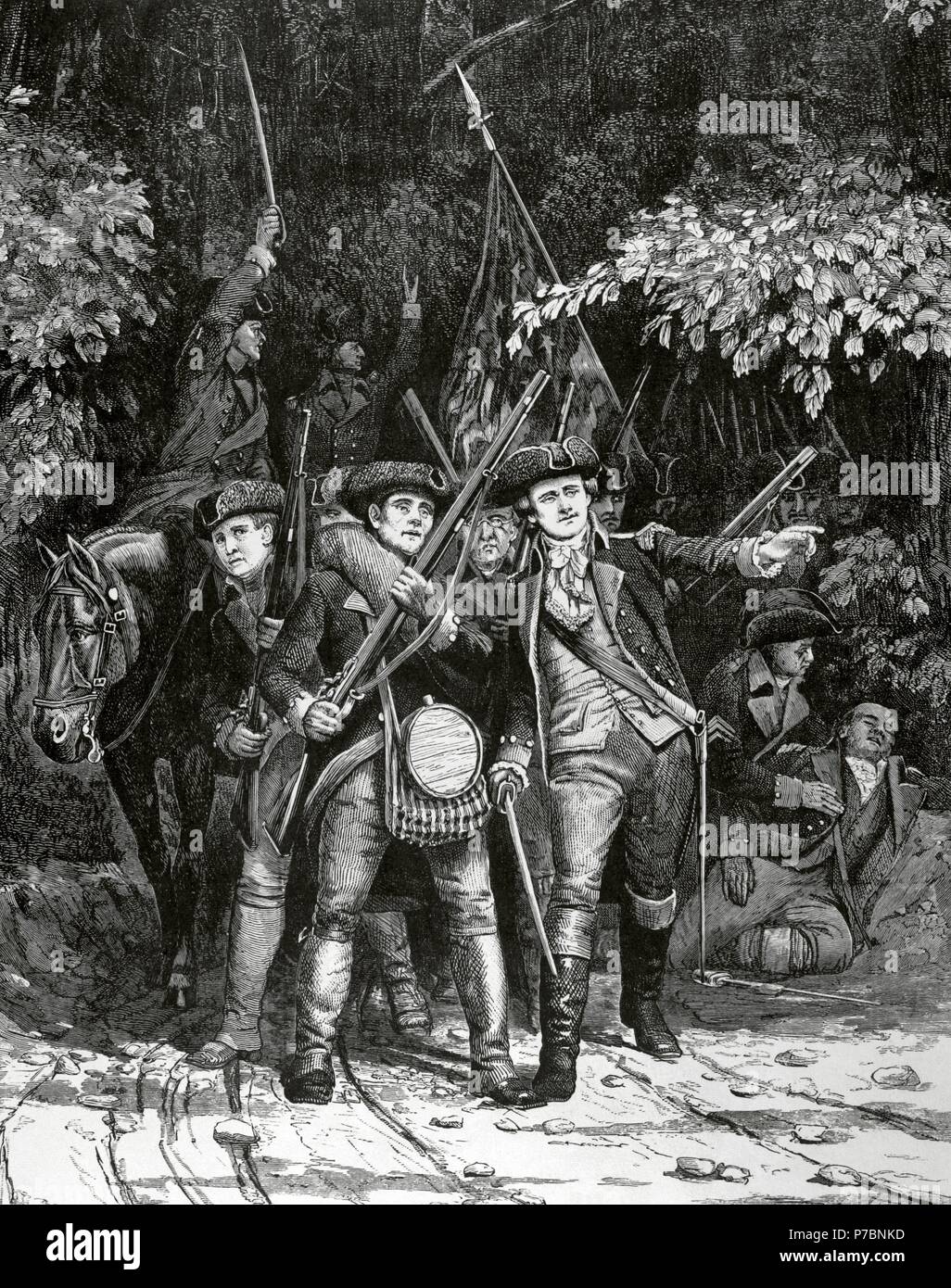 Guerre d'Indépendance américaine (1775-1783). Les soldats de la révolution américaine. Gravure par Julian Scott dans le Harper's Weekly, 1876. Banque D'Images