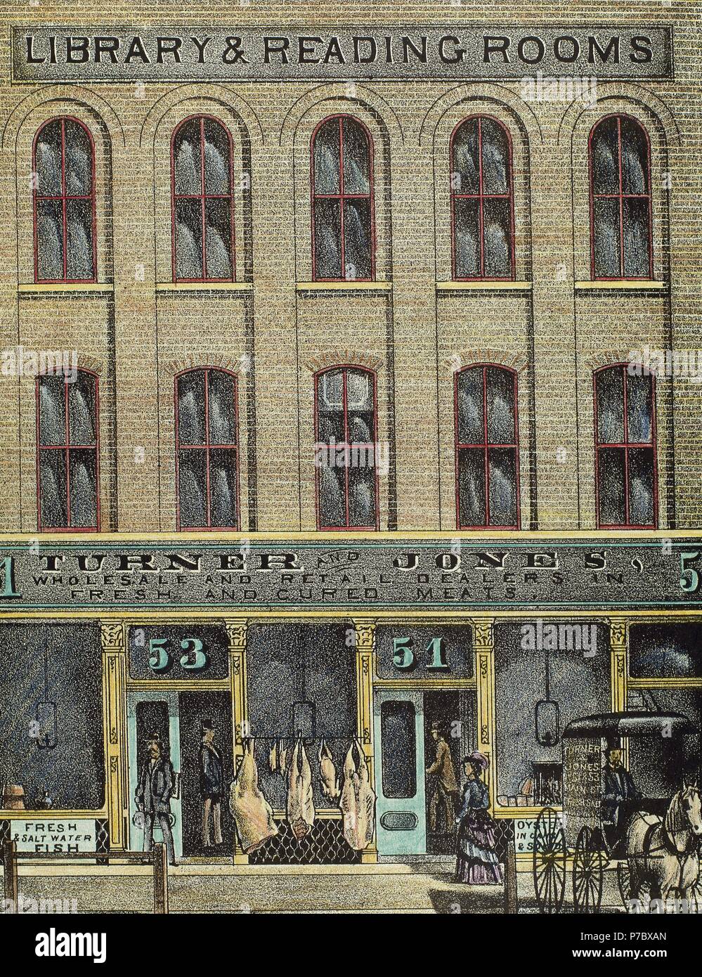 United States. New York. La viande ou le poisson frais store 'Turner et Jones' situé à 53-51 rue principale. Une bibliothèque et des salles de lecture sont hébergés à l'étage supérieur. Gravure couleur, 1876. Banque D'Images