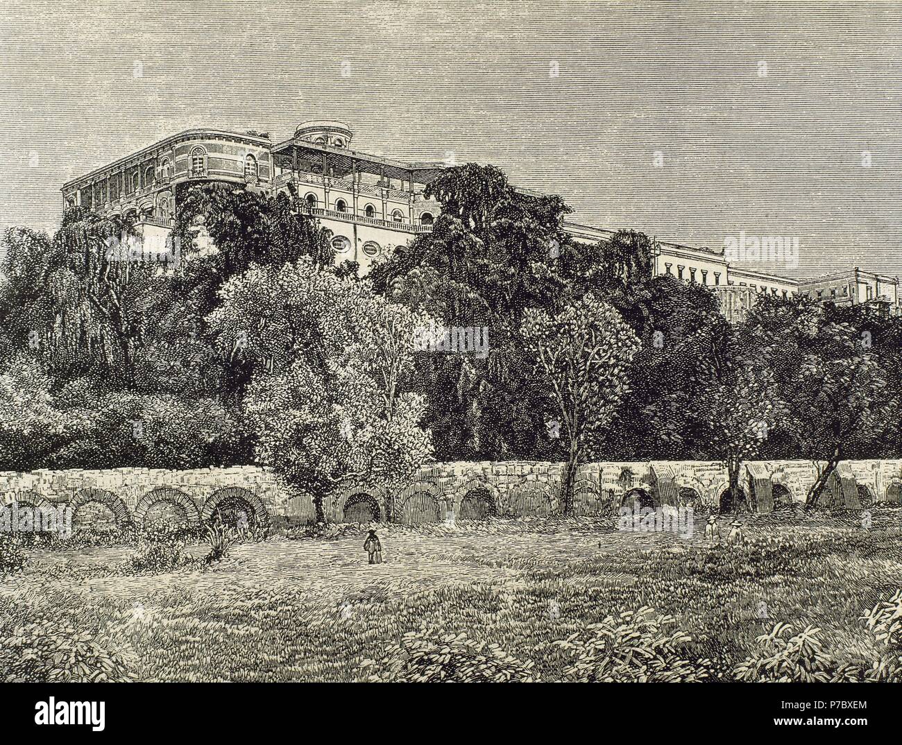 Le Mexique. La ville de Mexico. Château de Chapultepec (1785-1863) dans la colline de Chapultepec. La gravure. 19e siècle. Banque D'Images