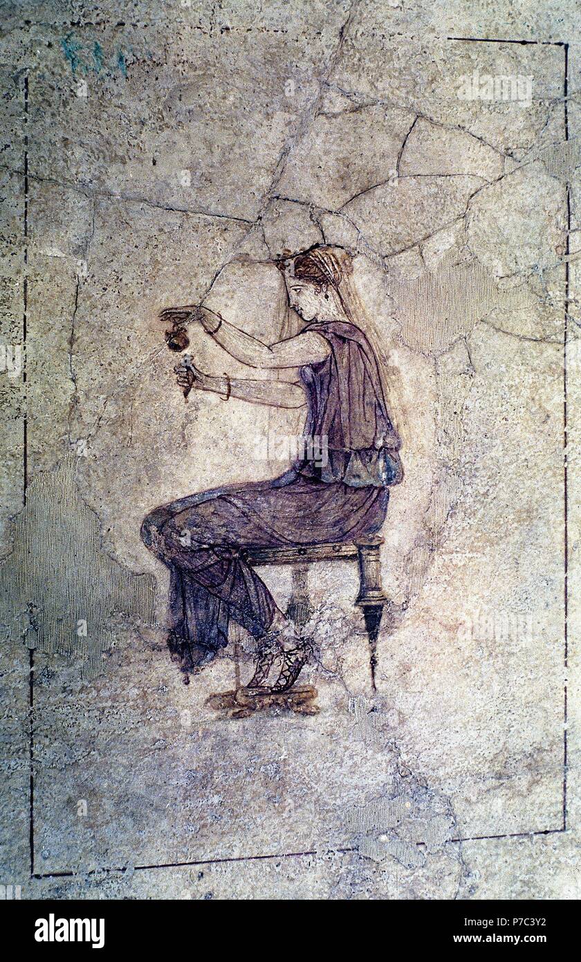 Femme virtiendo parfums en un recipiente de alabastro. Musée : Museo Nacional de la VILLA GIULIA ROMA ITALIA. Banque D'Images