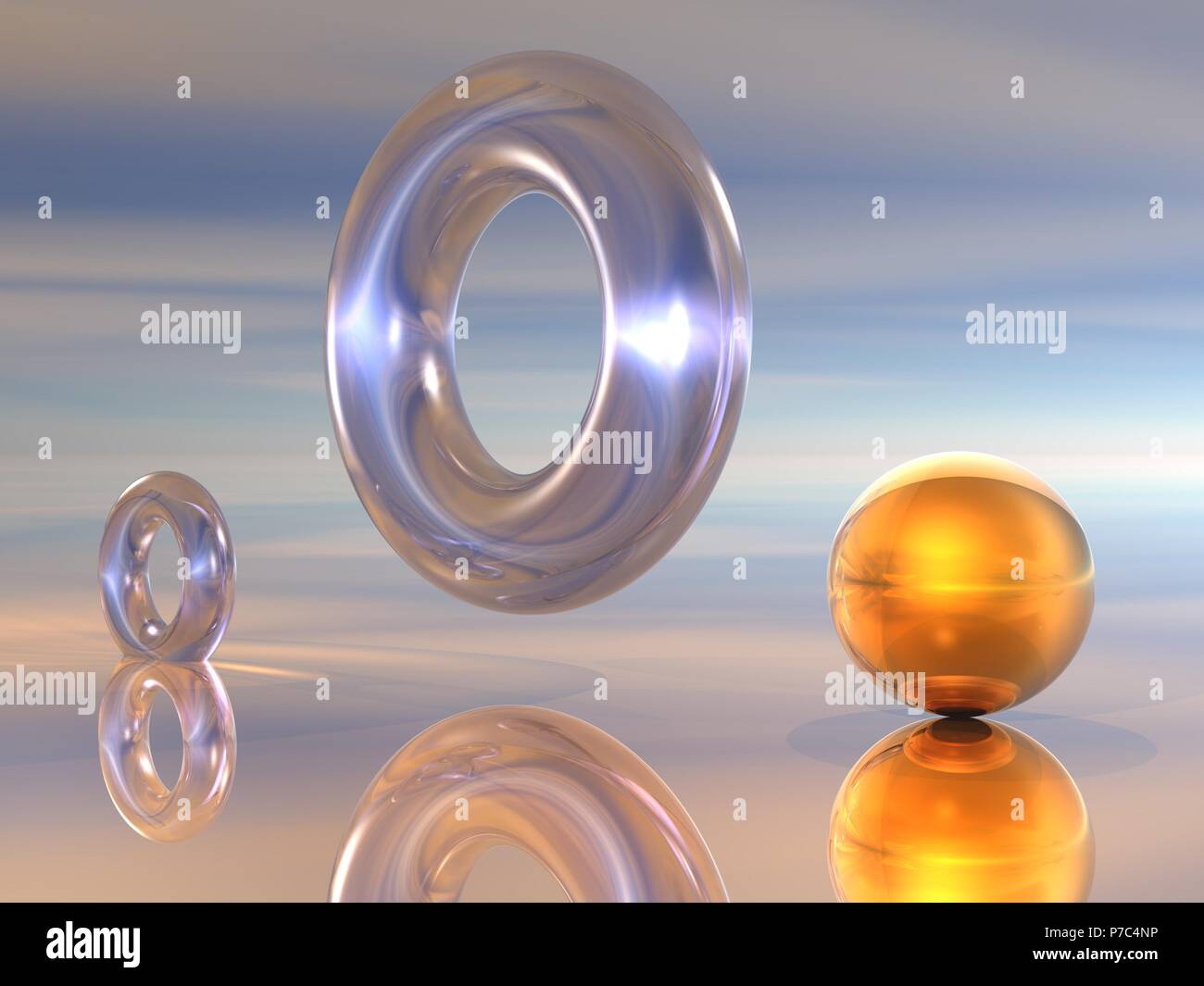 Une image générée par ordinateur de deux anneaux et d'une sphère sur un fond de couleur neutre Banque D'Images
