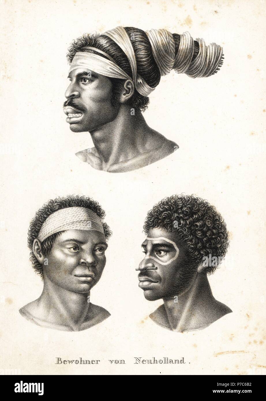 Les aborigènes australiens de la course. Mour-Re Mour-Ga-, l'homme en turban, Y-Erran-Gou-La-Ga, l'homme avec la peinture du visage, et Ou-Re-kine, woman in bandana (après Nicolas-Martin Petit). Lithographie de Karl Joseph Brodtmann de Heinrich Rudolf Schinz's Illustrated l'histoire naturelle des hommes et des animaux, 1836. Banque D'Images