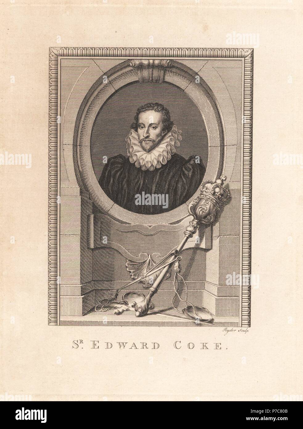 Sir Edward Coke, juge et avocat anglais, 1552-1634, au sein de l'épée et ovale architectural mace ci-dessous. La gravure sur cuivre par Ryder à partir de la plaque de cuivre Magazine mensuel ou trésor, G. Kearsley, Londres, 1778. Banque D'Images