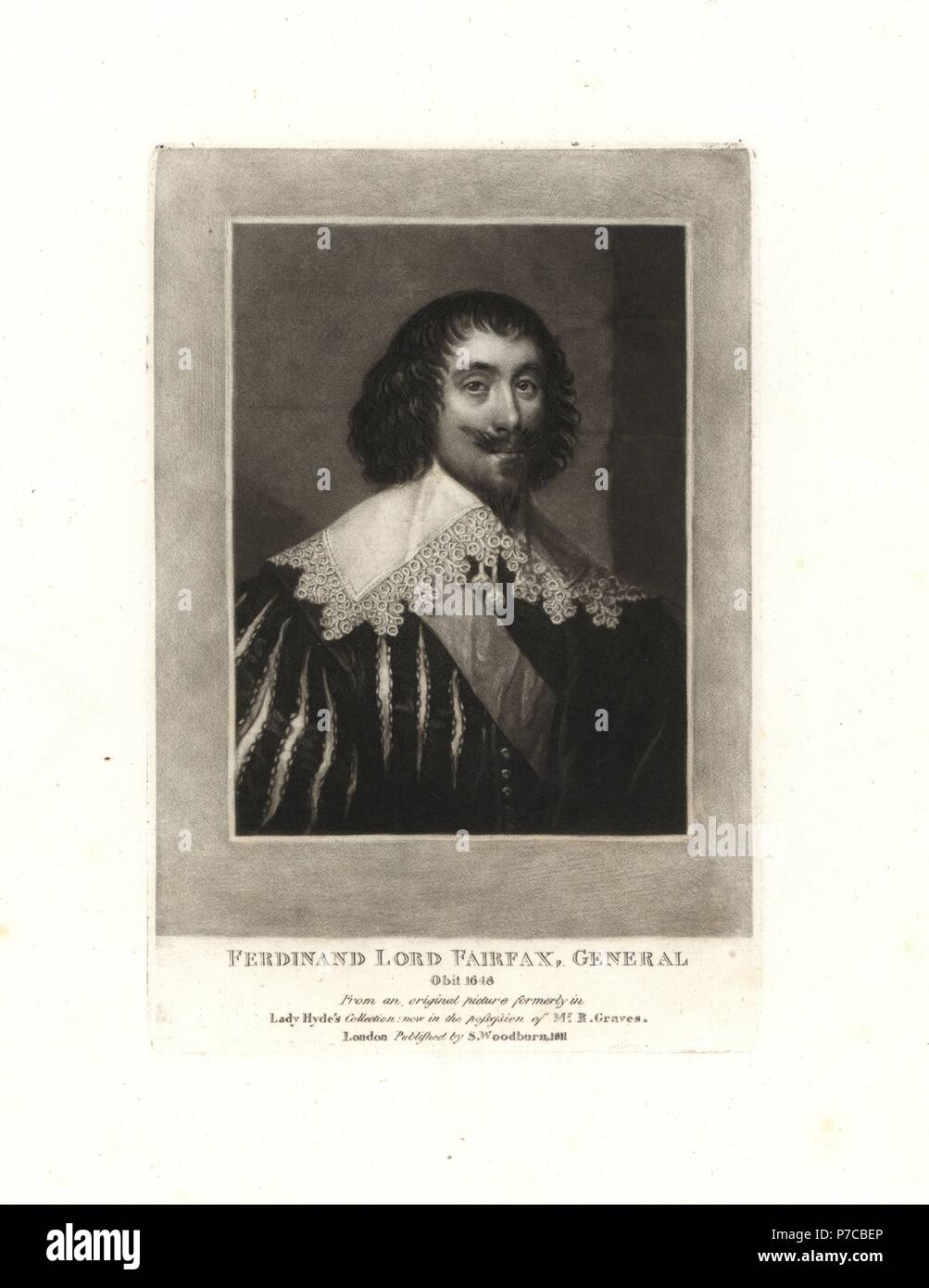 Ferdinando Fairfax, 2e Lord Fairfax de Cameron, général dans l'armée parlementaire dans la Guerre Civile Anglaise, est mort en 1648. Mezzotinte sur cuivre d'après une peinture de Samuel Woodburn's portraits de personnages illustres de l'histoire britannique, Londres, 1811. Banque D'Images