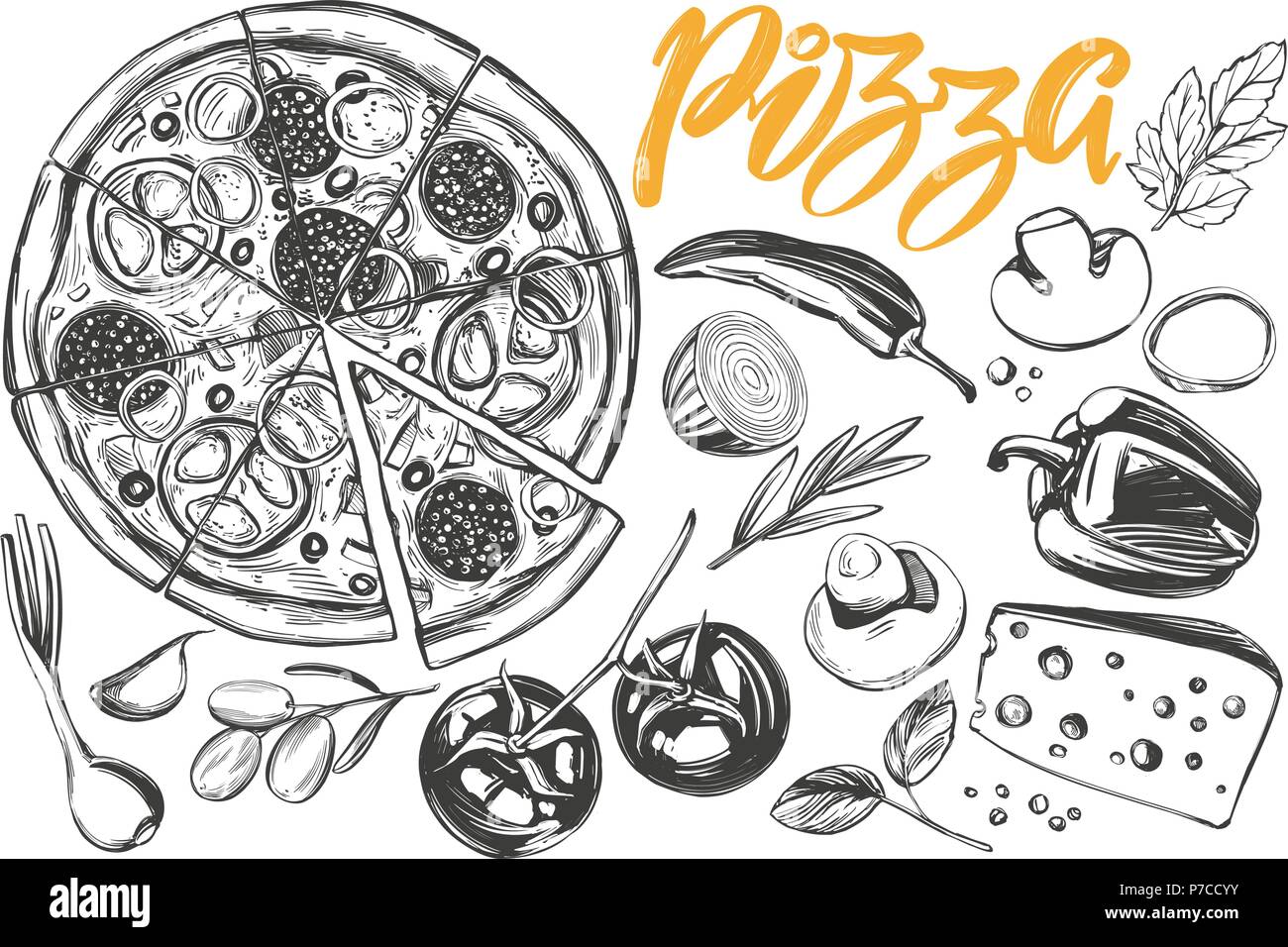 Pizza italienne , collection de pizza avec les ingrédients, logo, illustration vectorielle, dessinés à la main, croquis réalistes , Illustration de Vecteur