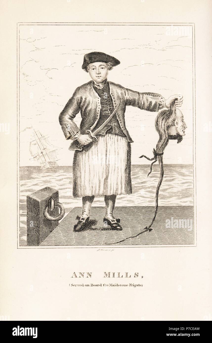 Anne Mills, femme qui a servi comme un marin à bord de la frégate HMS Maidstone dans une mer bataille contre les Français. Représenté tenant un coutelas et la tête tranchée d'un Français. La gravure sur cuivre de Jean Caulfield's Portraits, mémoires et caractères de personnes remarquables, jeune, Londres, 1819. Banque D'Images