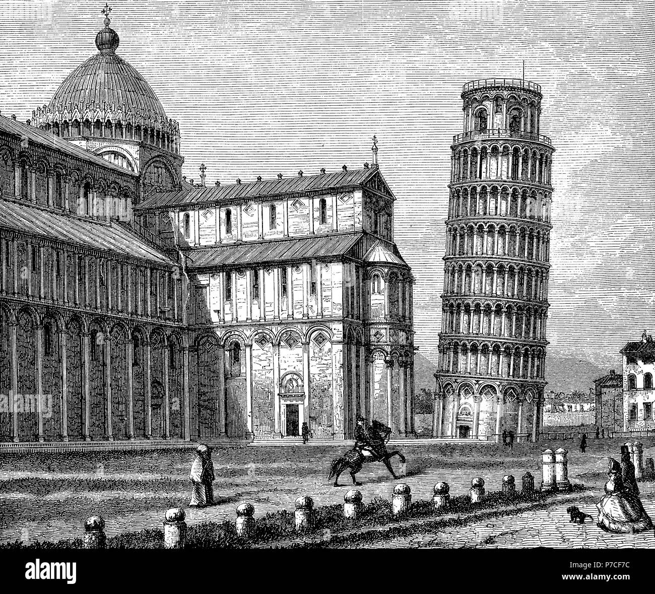 Pise, Italie - Piazza dei Miracoli avec la cathédrale et la tour penchée, gravure d'époque Banque D'Images