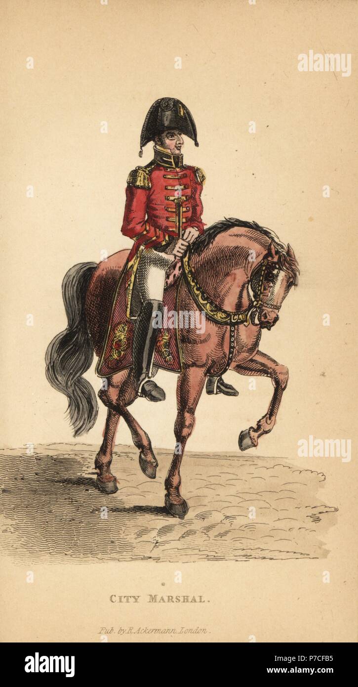 Ville Maréchal de Londres en cocked hat, Scarlet veste, culotte blanche, bottes, à cheval. Coloriée à la gravure sur cuivre de William Henry Pyne est le monde en miniature : l'Angleterre, l'Écosse et l'Irlande, Ackermann, 1827. Banque D'Images