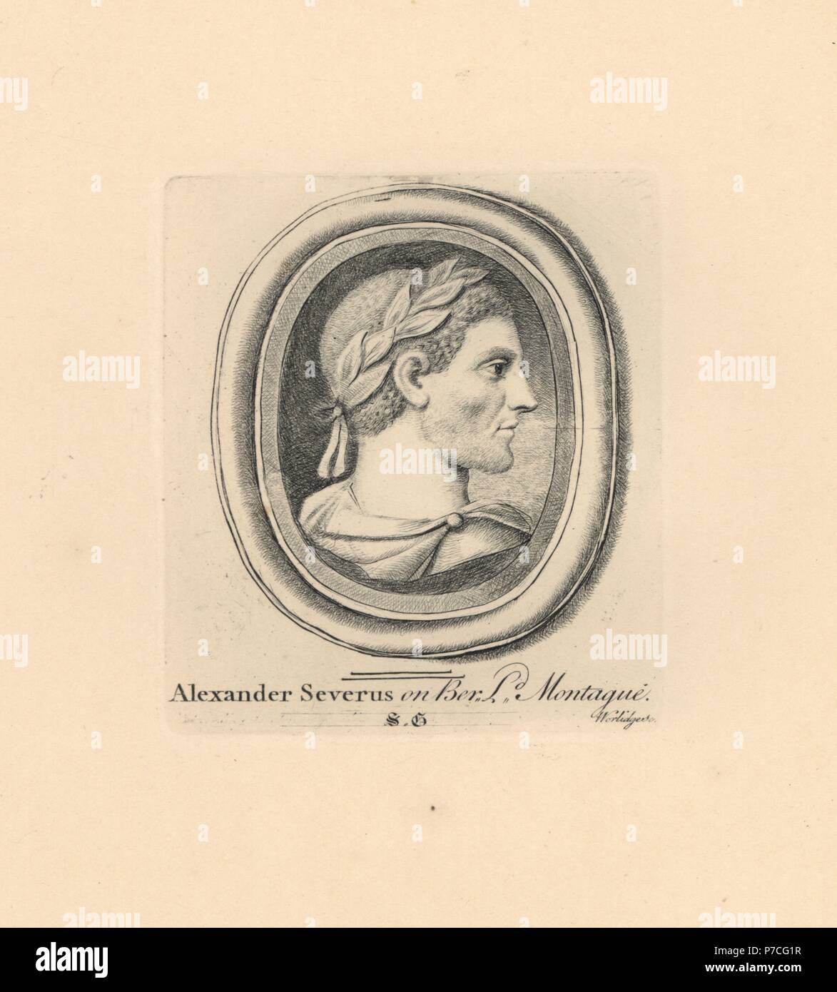 Portrait de Severus Alexander, empereur romain, en couronne de laurier, sur beryl de la collection de Lord Montague. La gravure sur cuivre par Minerve éclairant de James Vallentin's cent huit gravures de pierres antiques, 1863. Banque D'Images