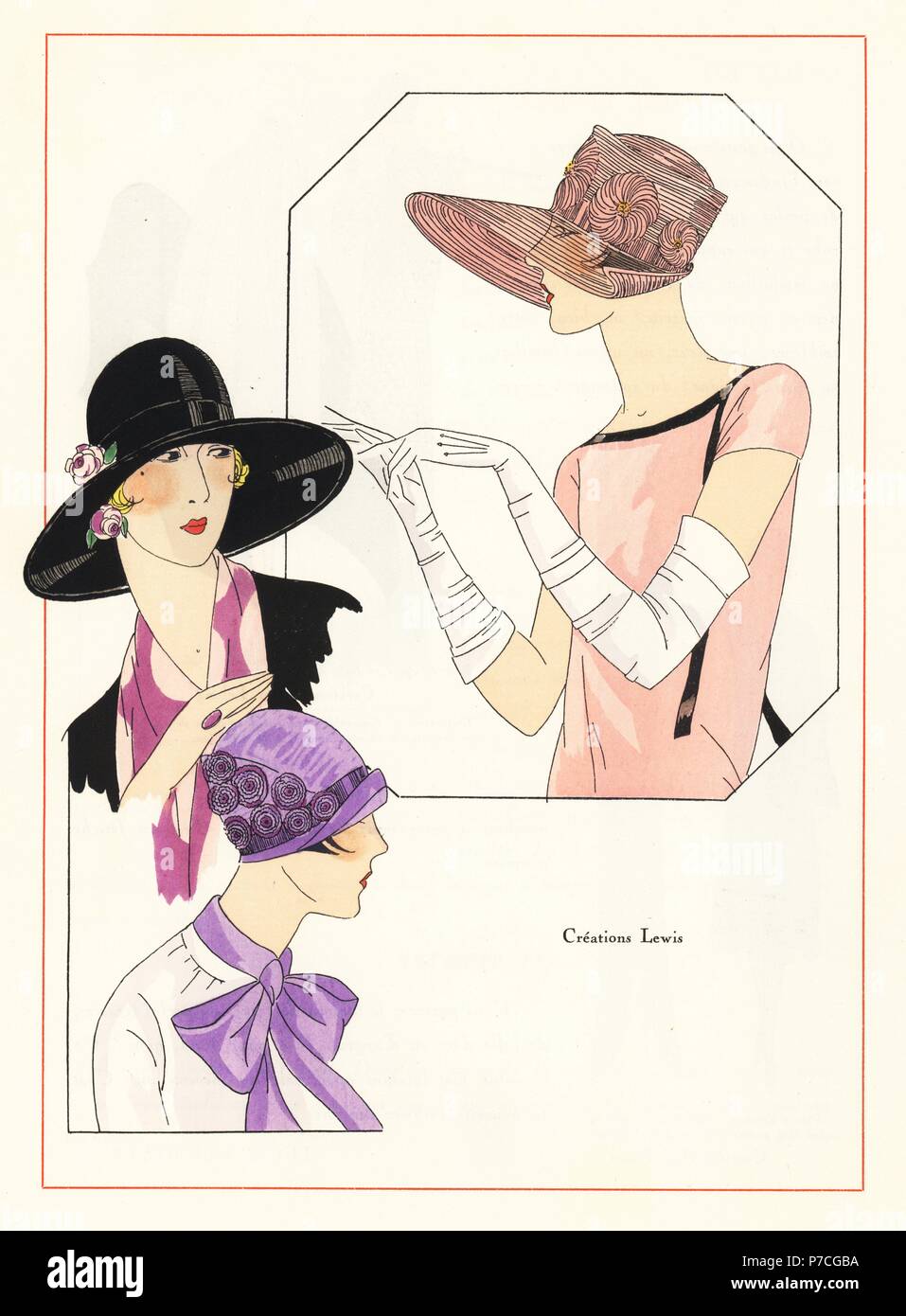 Les femmes dans les chapeaux à la mode. Coloriée pochoir (stencil) lithographie du magazine de mode de luxe français Art, la goutte, Beaute, 1926. Banque D'Images