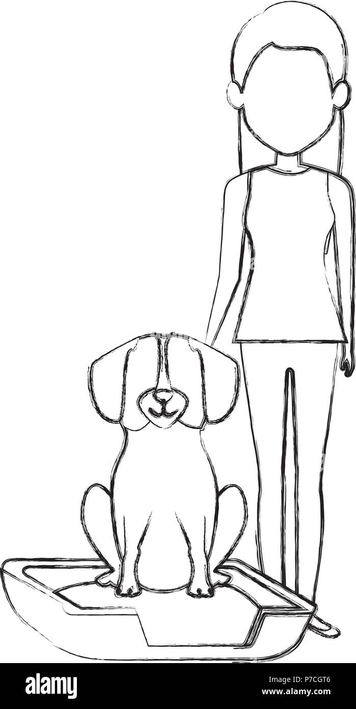 Jeune femme avec chien dans les caractères de lit Illustration de Vecteur