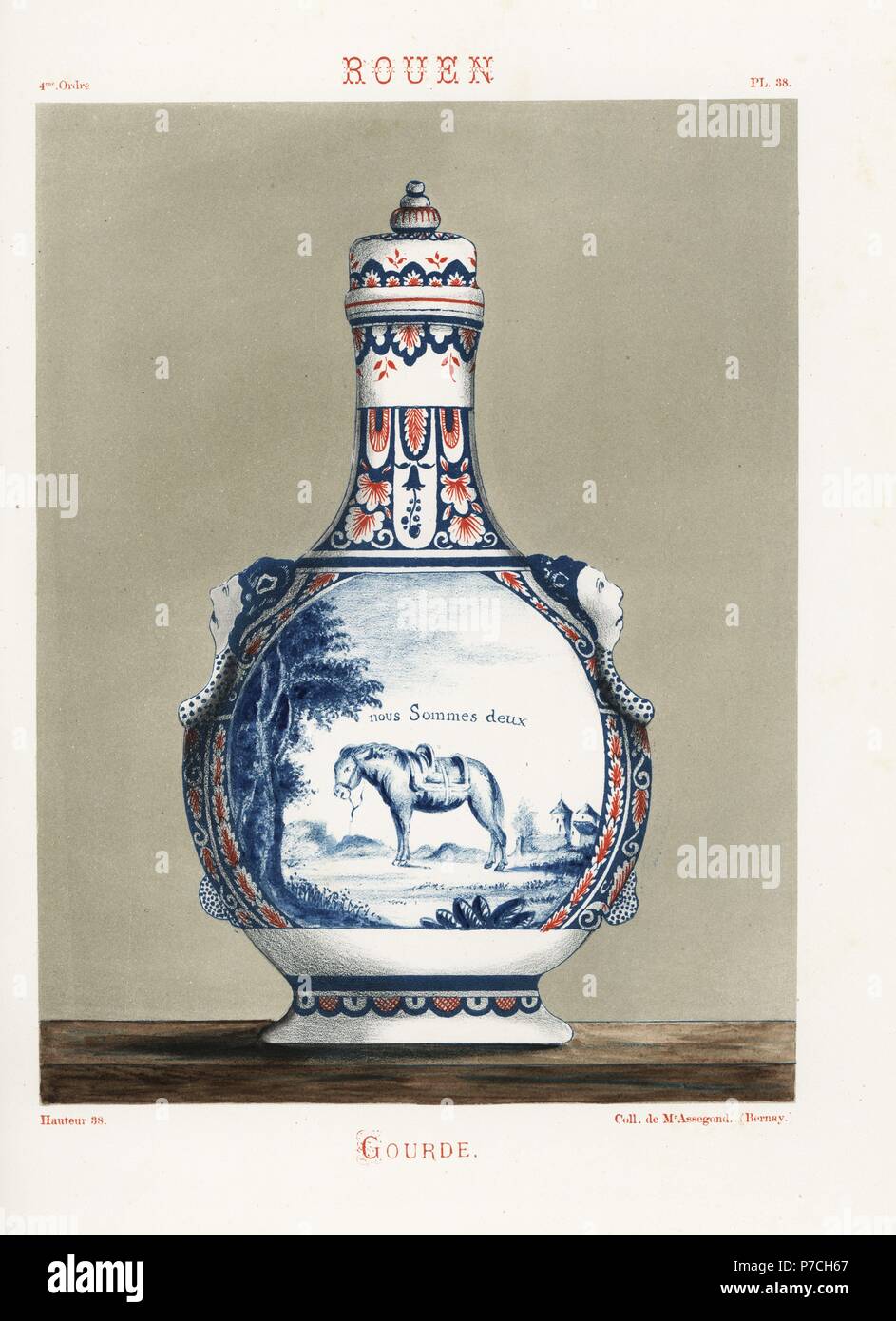 Pot à l'eau de Rouen, ornée d'une vignette d'un cheval avec selle et la devise, nous sommes deux, bordures de feuillage en rouge et bleu. Fini à la main chromolithographie de Ris Paquot général de l'histoire de l'ancienne poterie vernissée, français et étrangers, chez l'auteur, Paris, 1874. Banque D'Images