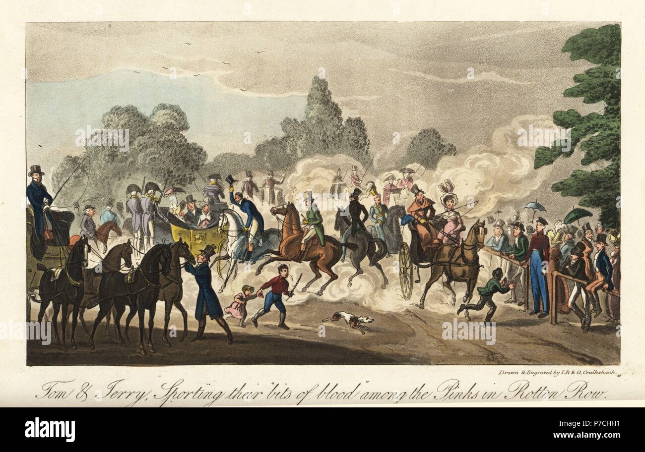 Anglais messieurs équitation chevaux pur-sang pour saluer les femmes en concerts et calèches, Hyde Park. Tom et Jerry Sporting leurs bits de sang parmi les roses en ligne pourrie. La gravure sur cuivre coloriée par Isaac Robert Cruikshank et George Cruikshank de Pierce Egan's Life in London, Sherwood, Jones, Londres, 1823. Banque D'Images