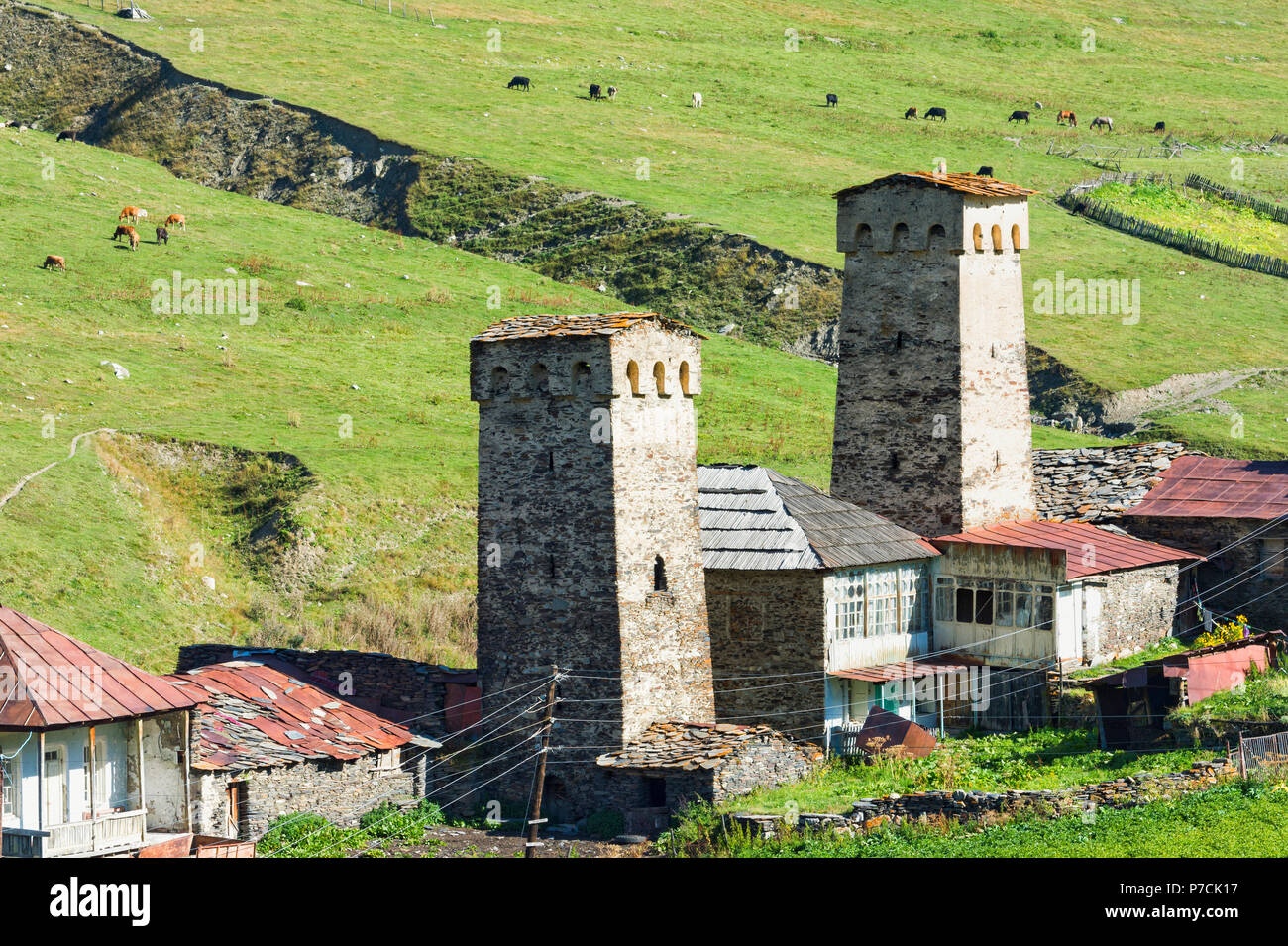 Svanetian médiévale traditionnelle maisons tours, Ushguli, village de la région de Svaneti, dans le Caucase, en Géorgie Banque D'Images