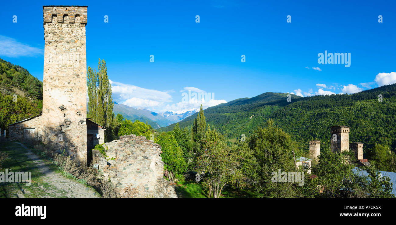 Svanetian traditionnels tours dans les montagnes Shkhara, UNESCO World Heritage Site, Legeri Village, Mestia, région de Svaneti, Géorgie Banque D'Images