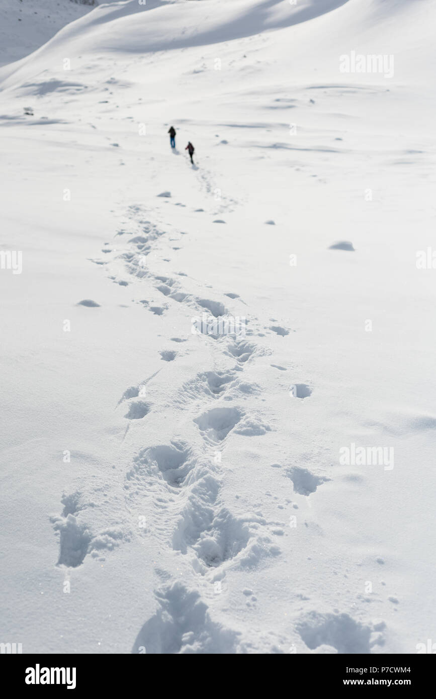 Couple en train de marcher sur une montagne de neige Banque D'Images