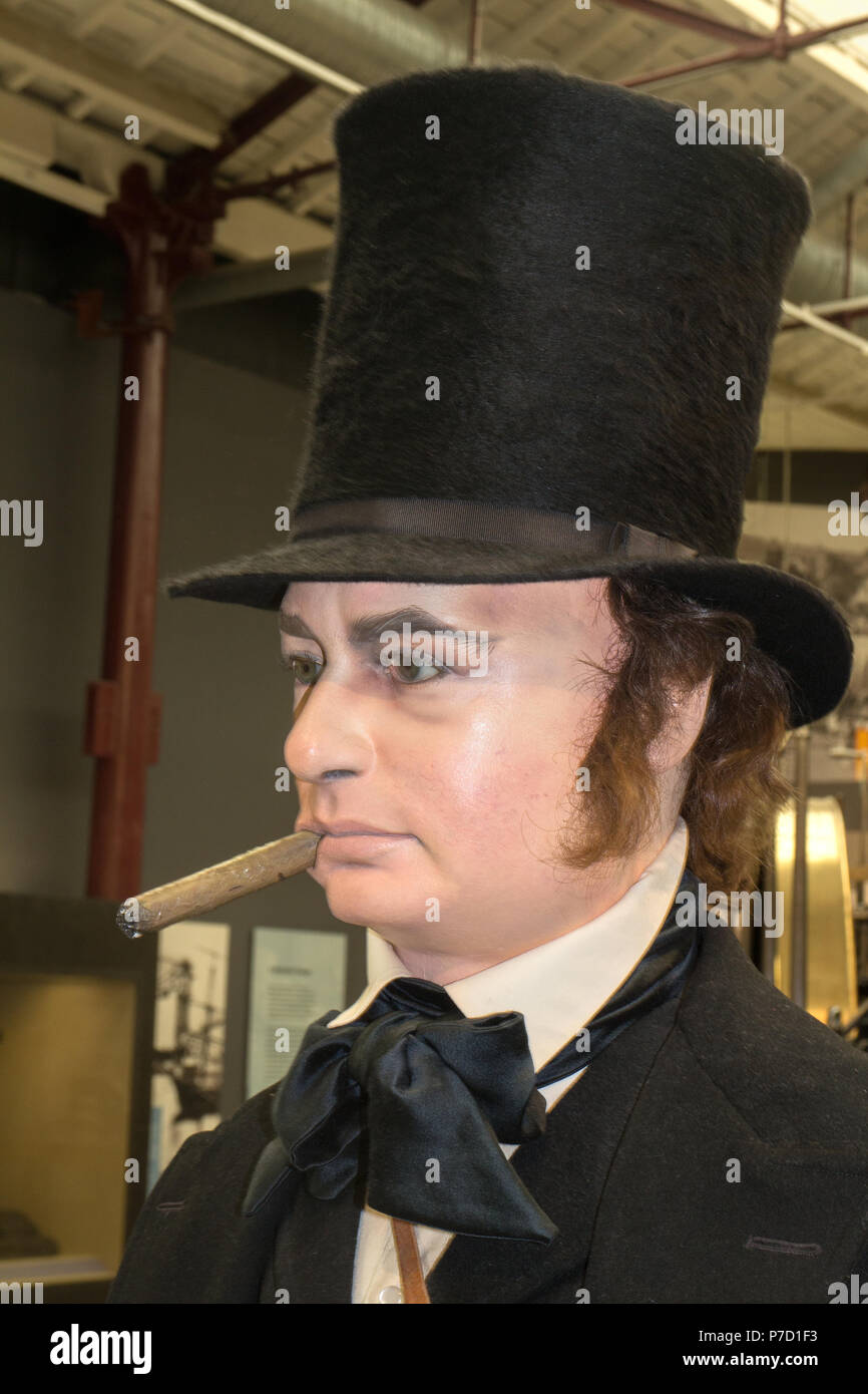 Tête de mannequin d'Isambard Kingdom Brunel au Steam Museum of the Great Western Railway, Swindon, Wiltshire Banque D'Images