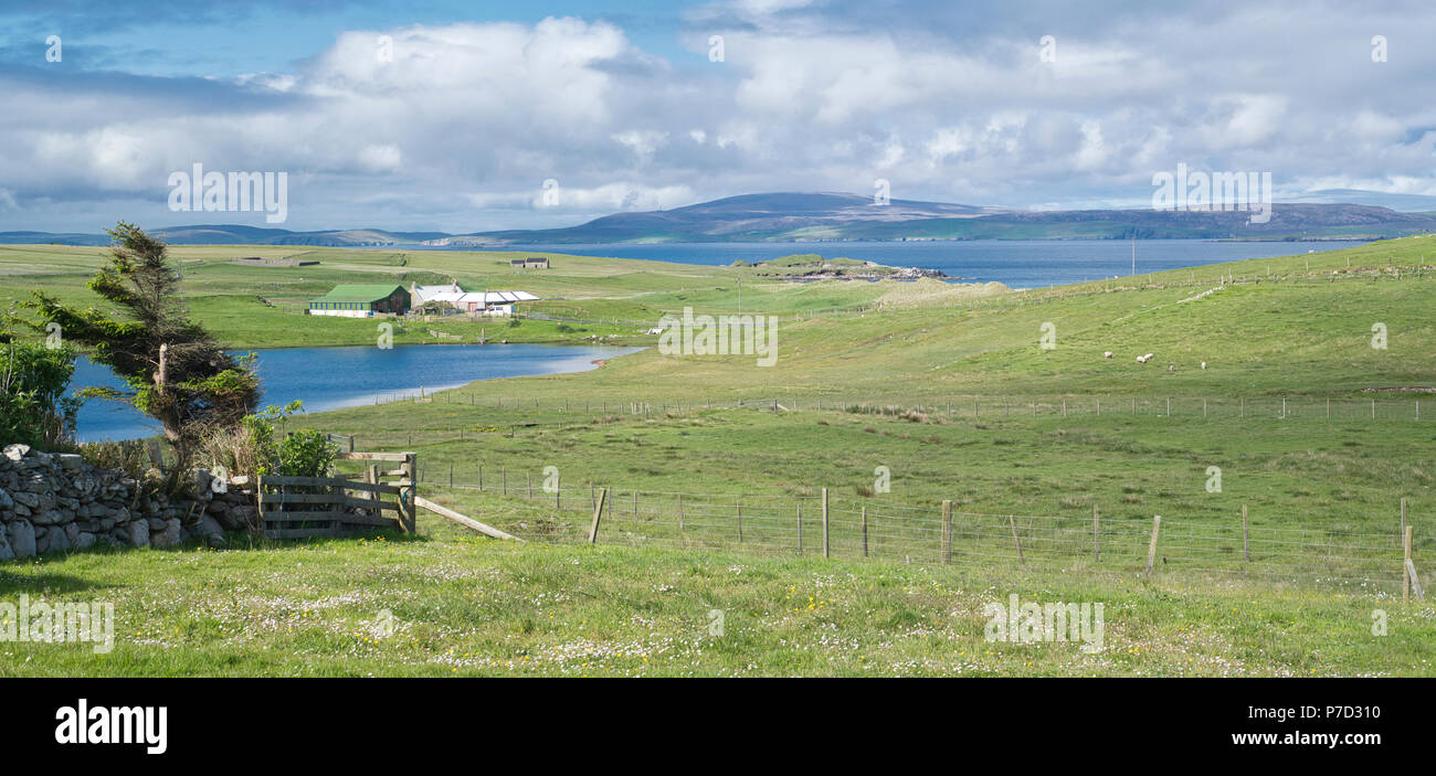 Criez, Shetland, paysage à l'Ouest sur le village de Sandwick et Loch d'Scattland vers Yell Sound et le Shetland continent près de North Roe Banque D'Images