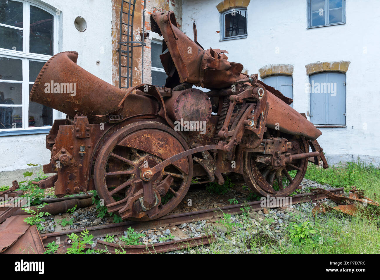 Reste de la locomotive 541695 construit en 1922 a été touché par une bombe en 1945 et détruit, Musée du chemin de fer bavarois Nördlingen Banque D'Images