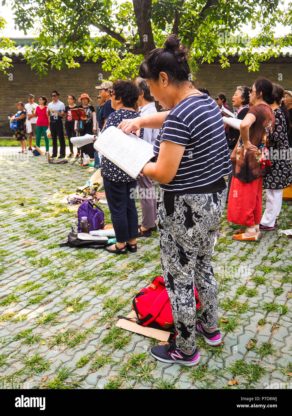 Beijing, Chine - Septembre 2017 : groupe d'âge moyen et des personnes à la retraite chanter ensemble dans le parc du Temple du Ciel sur un dimanche après-midi Banque D'Images