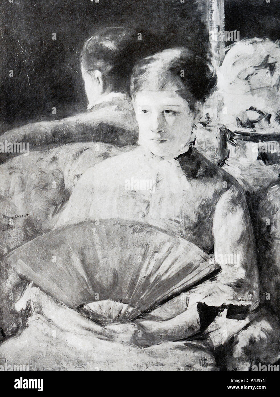 Mary Cassatt (1844-1926) a été le seul artiste américain à exposer avec les impressionnistes à Paris. Elle est devenue connue pour ses peintures des instants, en particulier ses images de femmes et d'enfants. Ses œuvres ont été parmi les premières œuvres impressionnistes vu aux États-Unis. Ce tableau est intitulé "La femme avec un ventilateur." Banque D'Images